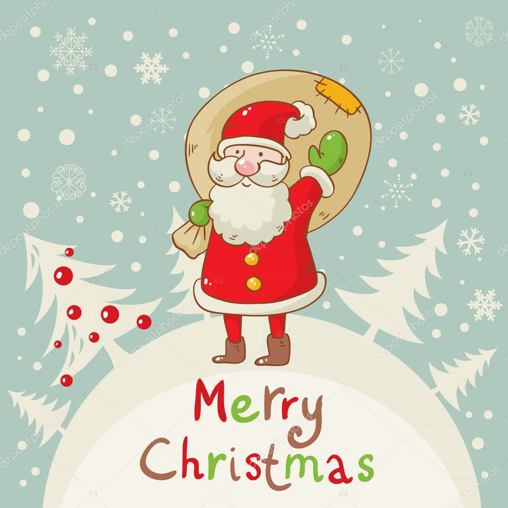 Merry Christmas card with cute Santa and a sack of presents