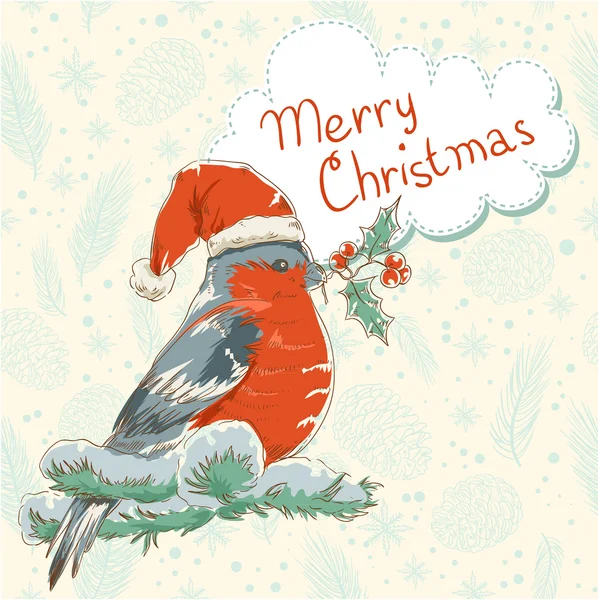Kerstmis retro ansichtkaart met Goudvink vogel — Stockvector