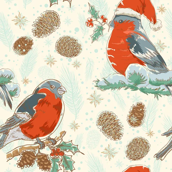 Christmas seamless retro background with bullfinch bird — Stock Vector
