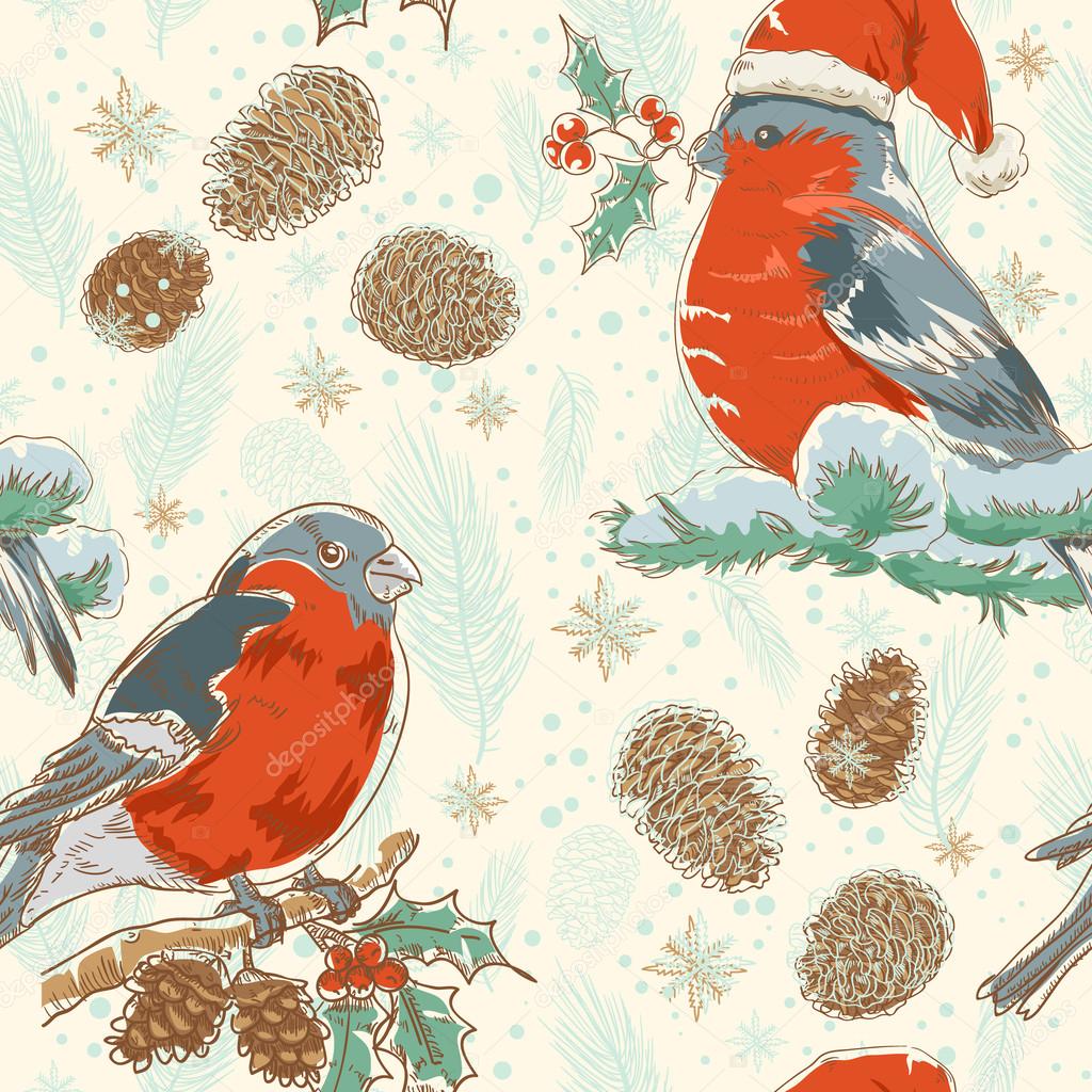 Christmas seamless retro background with bullfinch bird