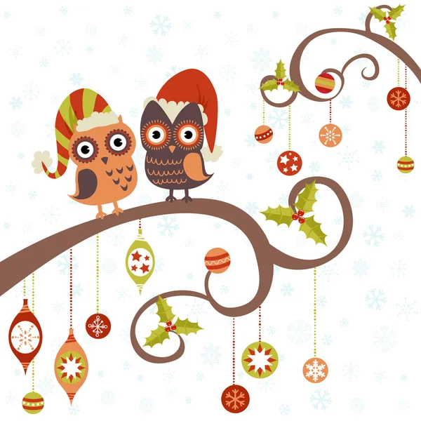 Christmas card of owls in hats sitting on a tree branch — Stock Vector