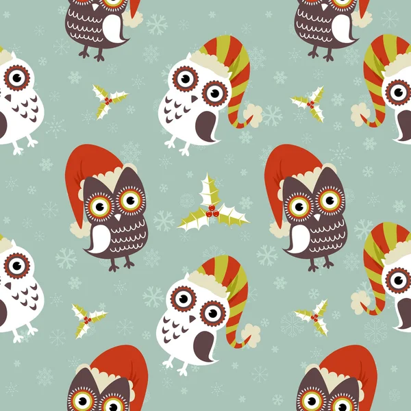 Cute Christmas owl with presents seamless pattern — Stock Vector