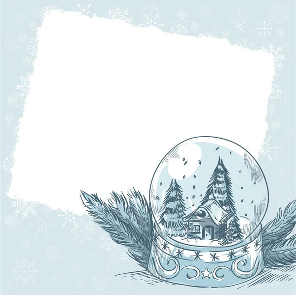 Carte postale rétro de Noël avec boule de verre mignonne avec flocons de neige — Image vectorielle