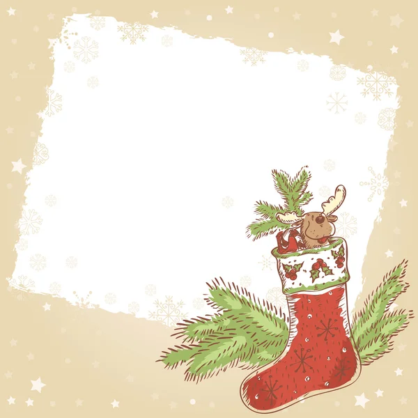 Kerstmis hand getekend retro briefkaart met xmas kous — Stockvector