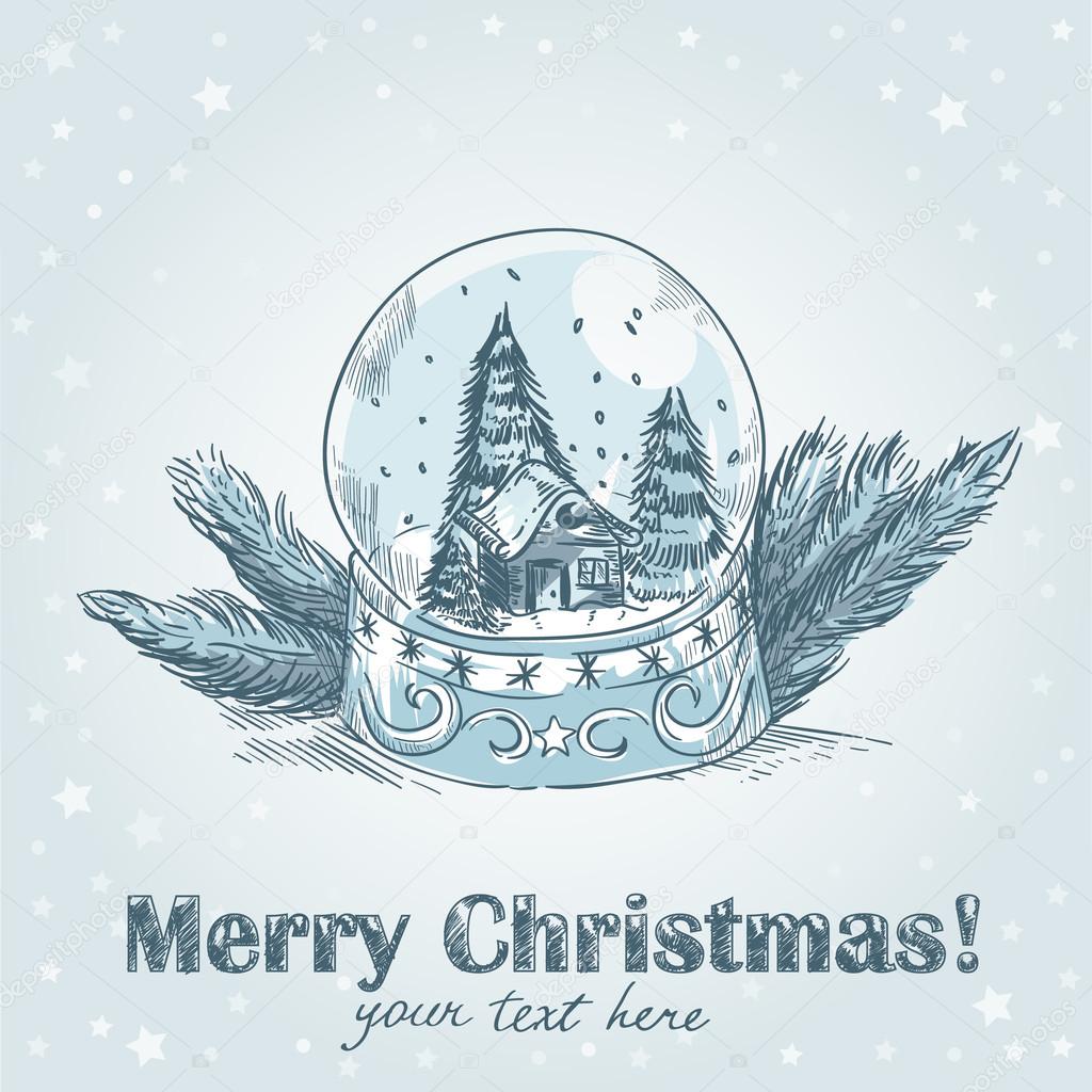 Christmas retro postcard with cute glass ball with snowflakes