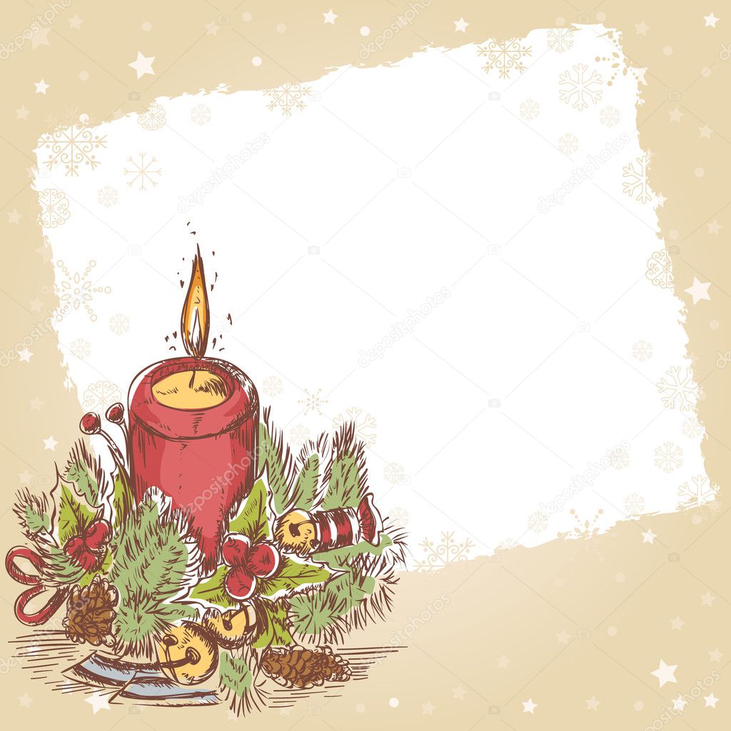 Christmas hand drawn retro postcard with cute burning candle