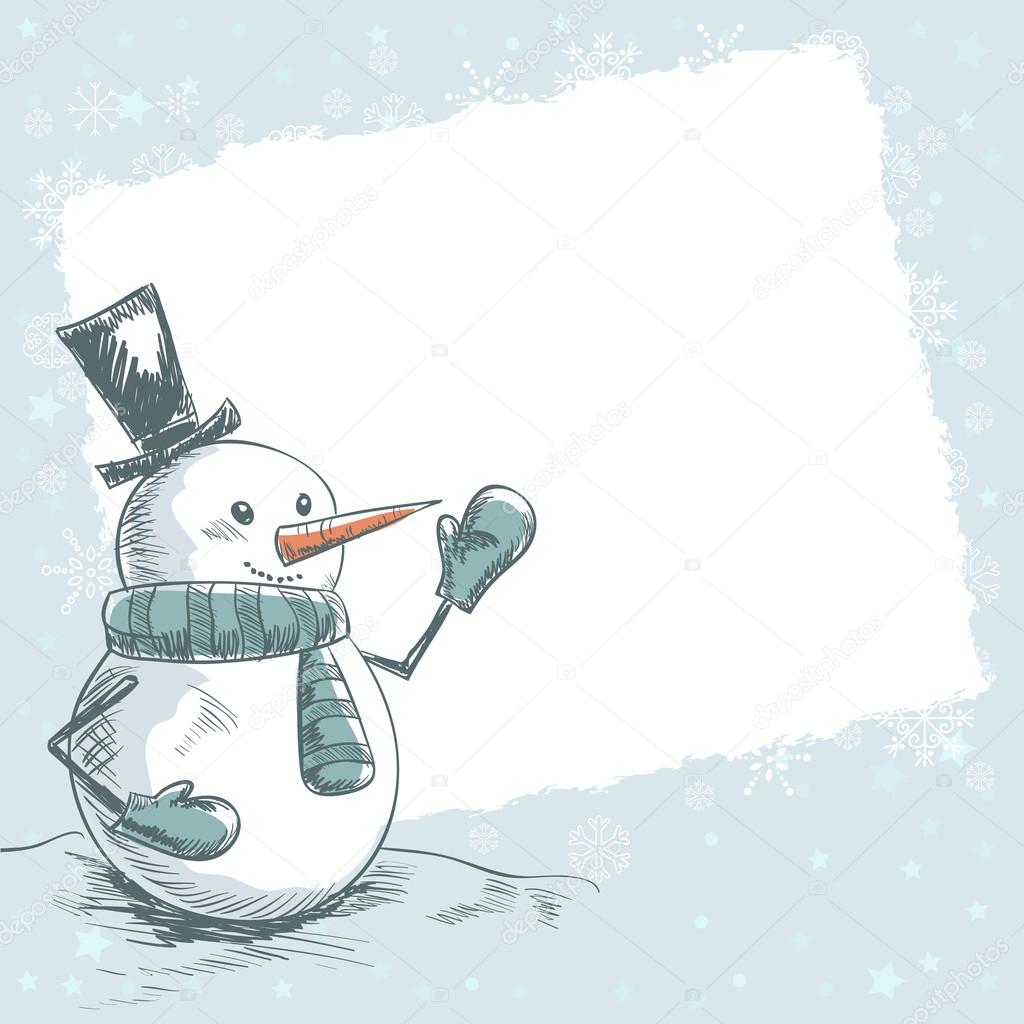Hand drawn vintage christmas card with smiling snowman