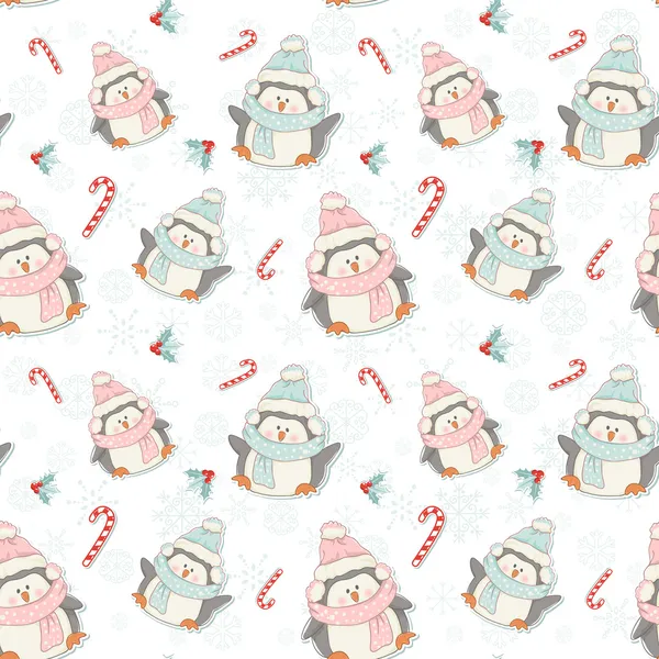 Cute Christmas penguins seamless pattern — Stock Vector