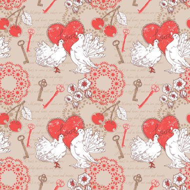 Sevgiliye romantik retro seamless modeli ile kalpleri ve güvercinler