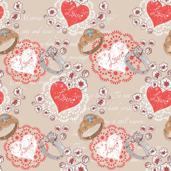 Patrón sin costura retro romántico de San Valentín con anillos de boda y corazones — Vector de stock