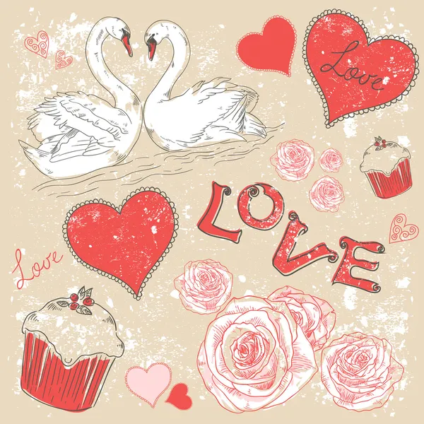 Valentijn romantische retro briefkaart met hartjes en zwanen — Stockvector
