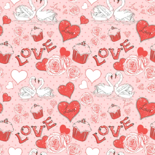 Valentinstag romantisches retro nahtloses Muster mit Herzen und Schwänen — Stockvektor