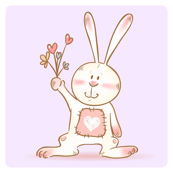 Mignonne carte d'amour avec sourire lapin jouet tenant des fleurs — Image vectorielle