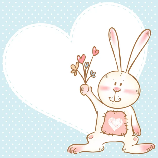 Mignonne carte d'amour avec sourire lapin jouet tenant des fleurs — Image vectorielle