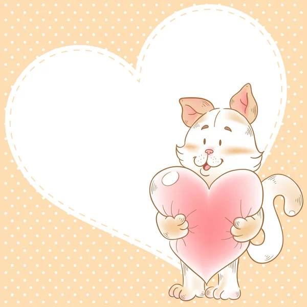 Söta kärlek kort med leende leksak katt anläggning hjärta — Stock vektor