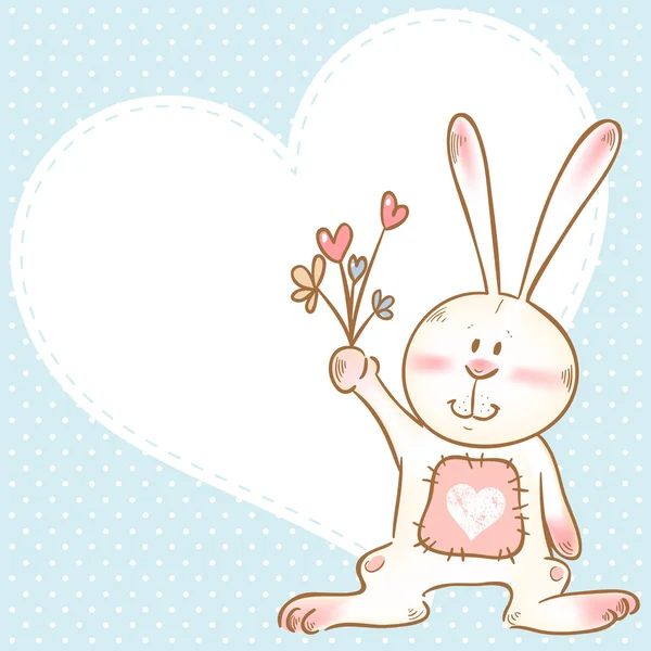 Cute love card with smiling toy bunny holding flowers — Stock Vector