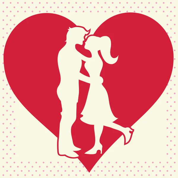 Amanti silhouette su sfondo cuore cartolina — Vettoriale Stock