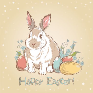 Easter bunny retro card with hand drawn painted eggs clipart