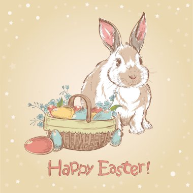 bunny Paskalya retro kartı şirin elle çizilmiş