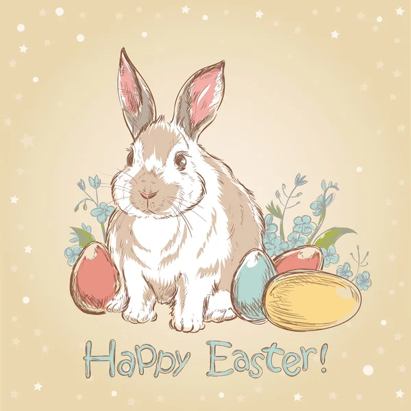 Easter bunny retro card with hand drawn painted eggs — Stock Vector