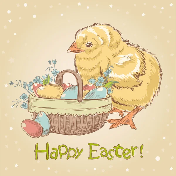 Easter vintage hand drawn card with cute little chicken — Stock Vector