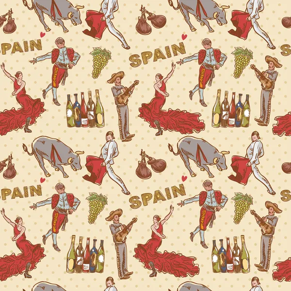 Spain seamless repeating pattern with spanish symbols — Stock Vector