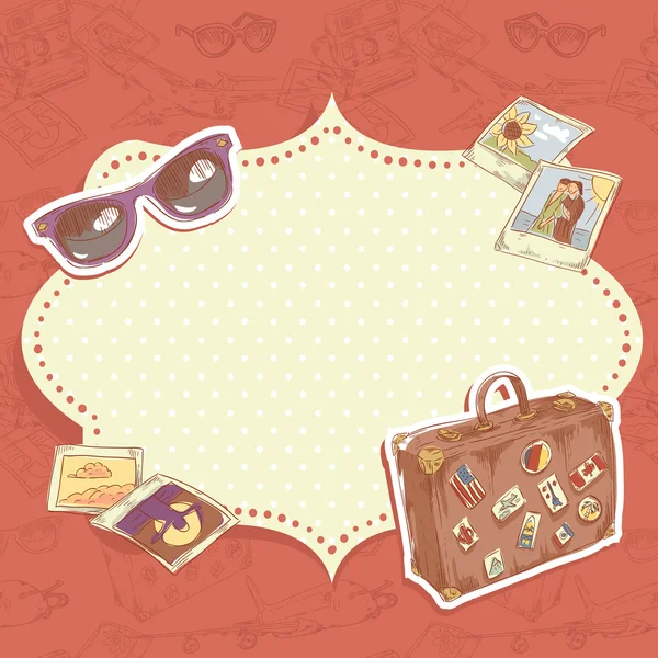 Tarjeta postal de viaje con maleta con pegatinas — Vector de stock
