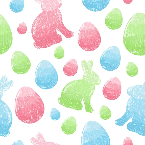 复活节随意画图鸡蛋和兔子无缝模式 — 图库矢量图片