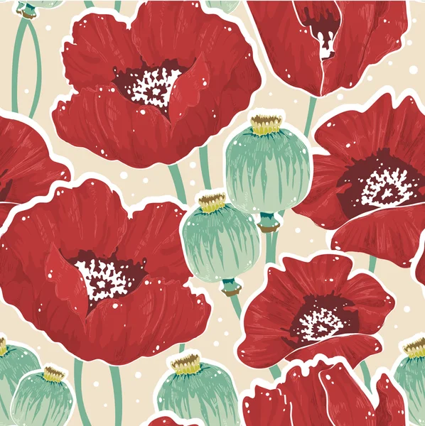 春シームレスな花柄のケシ — ストックベクタ