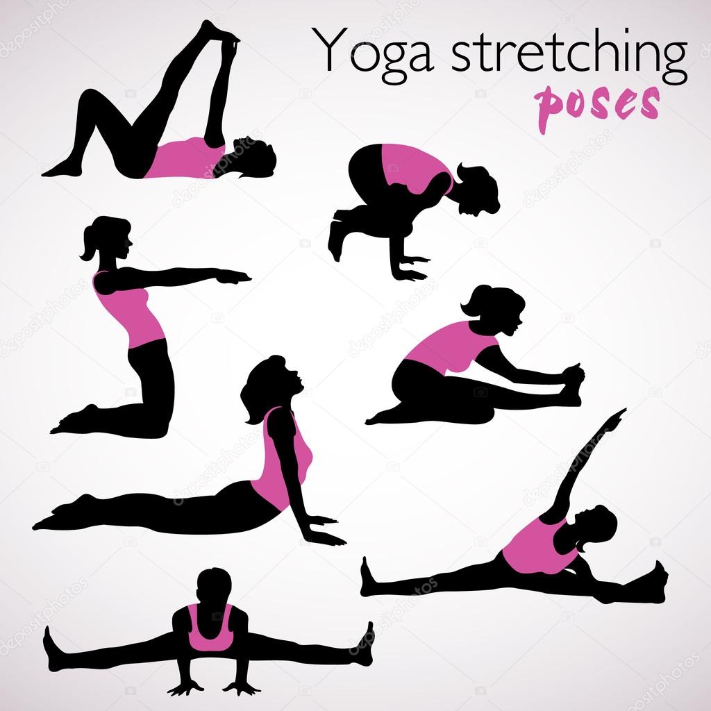 Beautiful set of yoga stretching poses silhouettes