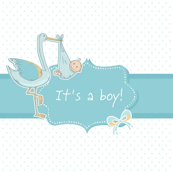 Cute baby boy announcement card with stork and child — Stock Vector