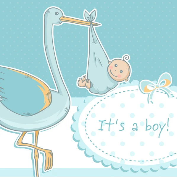 Carte d'annonce de bébé garçon mignon avec cigogne et enfant — Image vectorielle