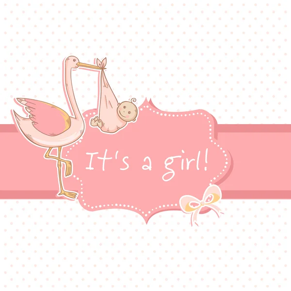 Cute baby girl announcement card with stork and child — Stock Vector