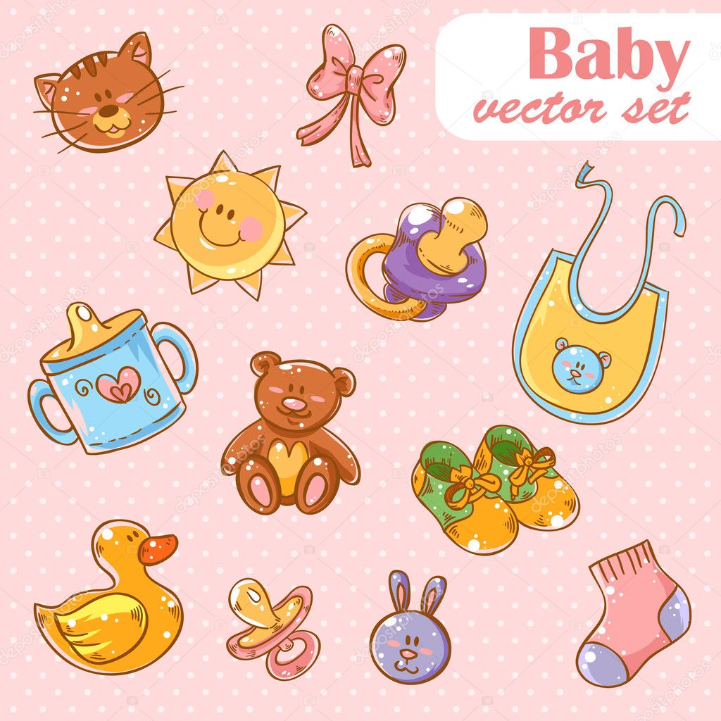 Baby toys cute cartoon set on polka dot background — Stock Vector