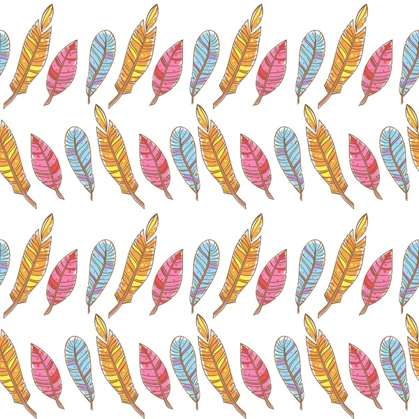 Färgglada doodle fjädrar kreativa seamless mönster — Stock vektor
