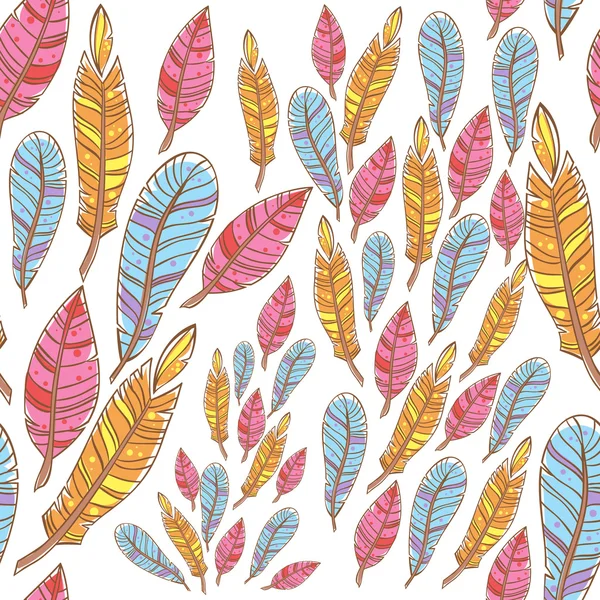 Colorful doodle feathers creative seamless pattern — Stock Vector