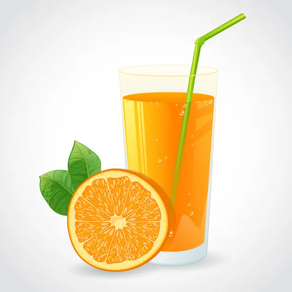 Un vaso de jugo de naranja y la mitad de naranja madura aislada — Vector de stock