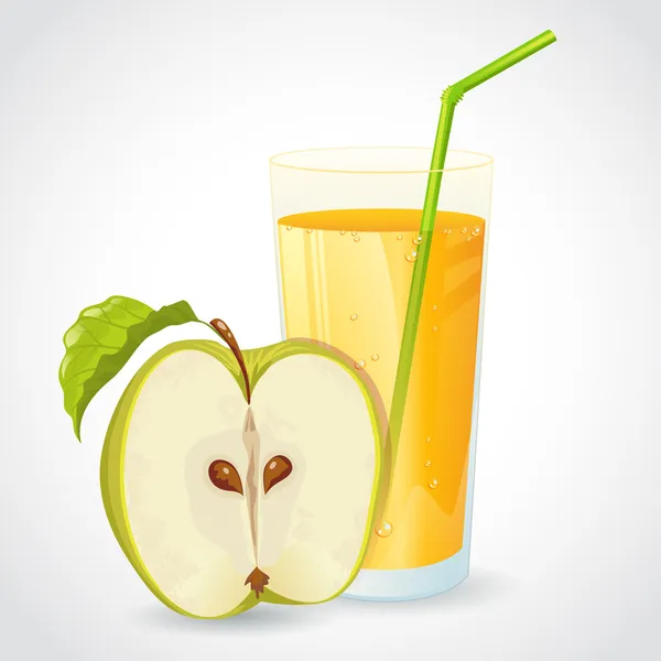 Un vaso de jugo de manzana y media manzana aislado — Vector de stock