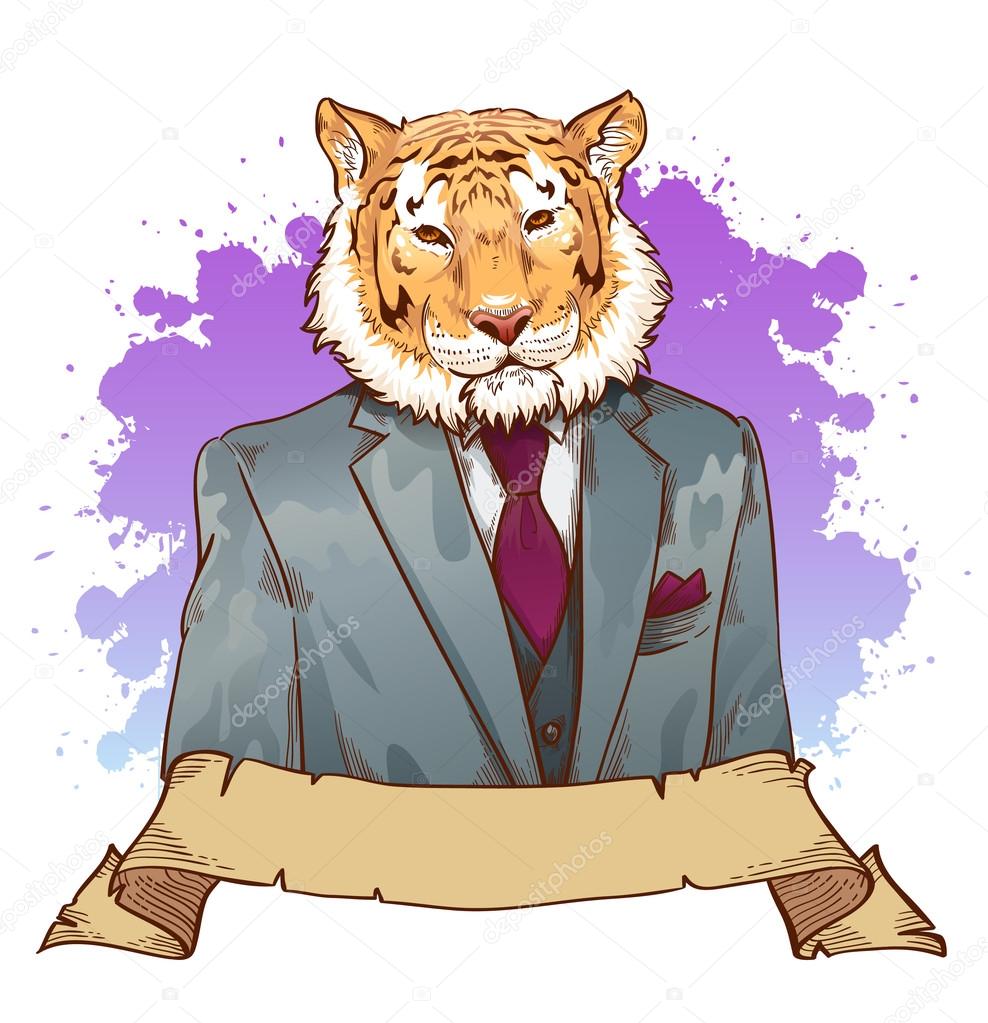Realistic cartoon tiger wearing a tuxedo Stock Photo by ©Yuzach 25162001