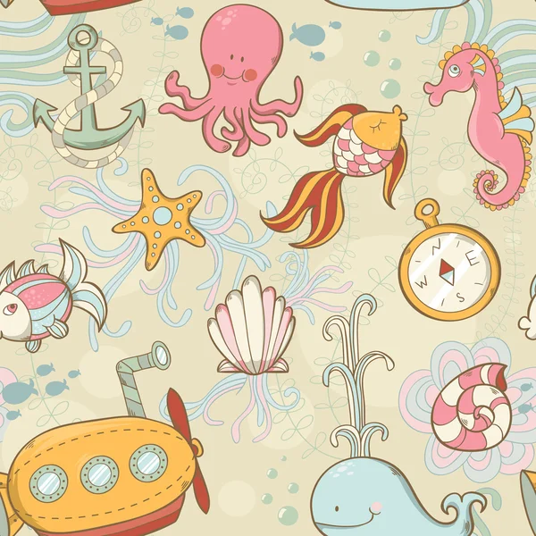 Underwater creatures cute cartoon seamless pattern — Stock Vector