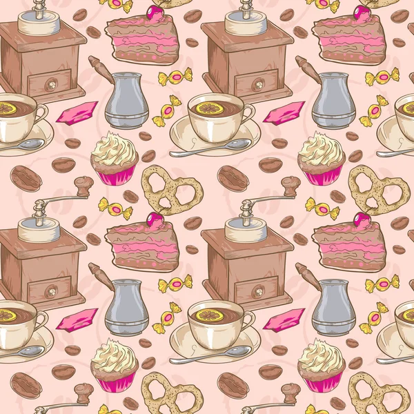 Sweet coffee and candies seamless pattern — Stock Vector