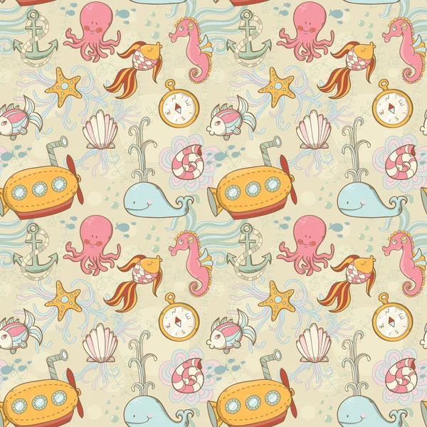 Underwater creatures cute cartoon seamless pattern — Stock Vector