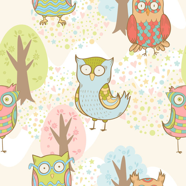 Cute cartoon owls fantasy coloful pattern