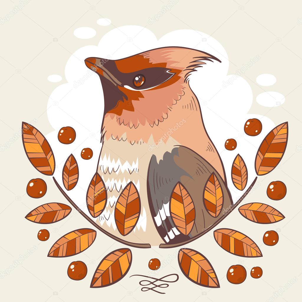 Cire Oiseau Coloré Tatouage Avec Sorbier Image Vectorielle