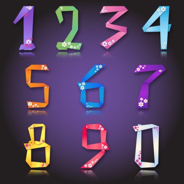 Origami paper colorful number figures with flowers clipart