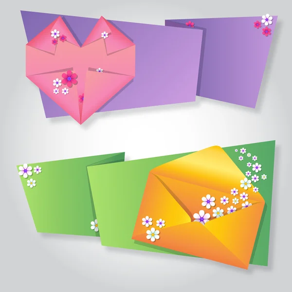 Origami fogli note piegate carta da lettere con fiori — Vettoriale Stock