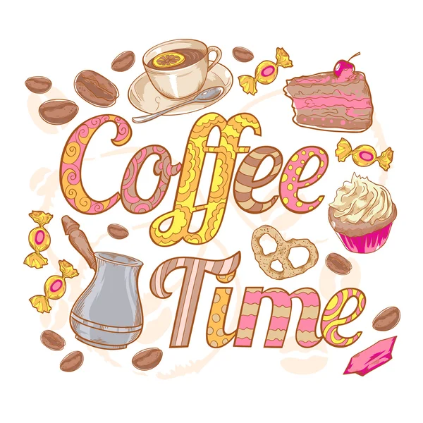 Kaffe tid färgglada inbjudningskort med virvel teckensnitt — Stock vektor