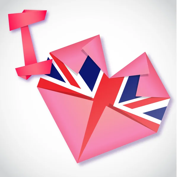 Origami paper I love United Kingdom heart card — Stock Vector
