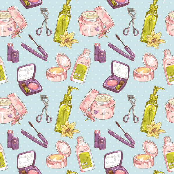 Комплект макияжа объекта милая коллекция девушки бесшовная текстура
