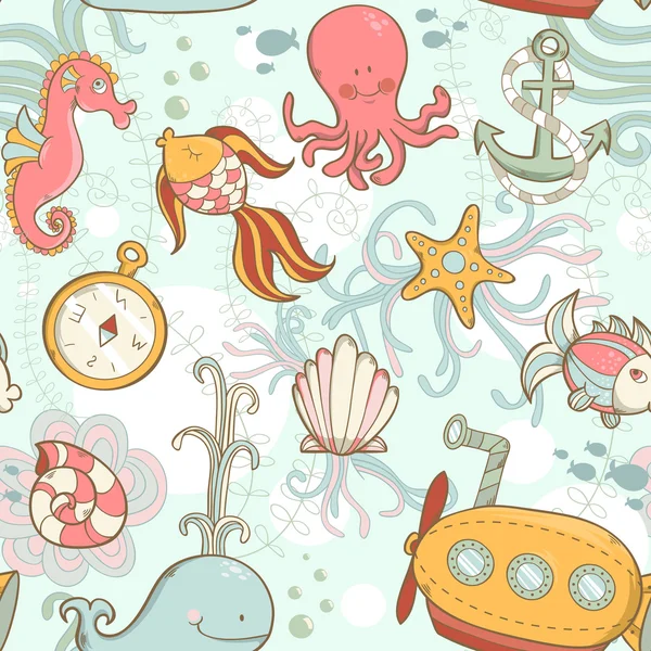 Underwater creatures cute cartoon seamless pattern — Stock Vector